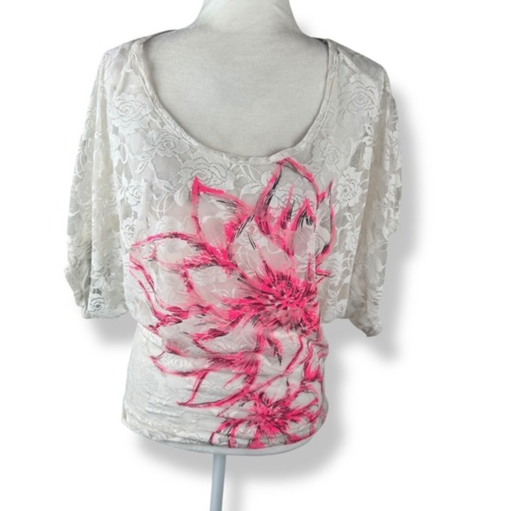 Y2K Deb Lace Mesh Top Size Small‎ Club Festival Party Artsy Floral Dolman Sleeve